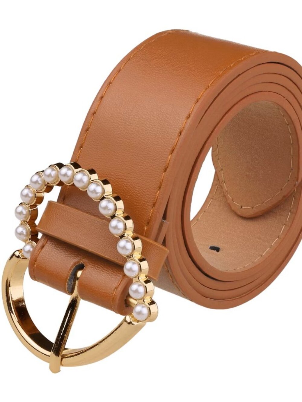 Light Brown Women’s Pearl Heart Buckle Waist Belt Fashion Dress Accessory Chic